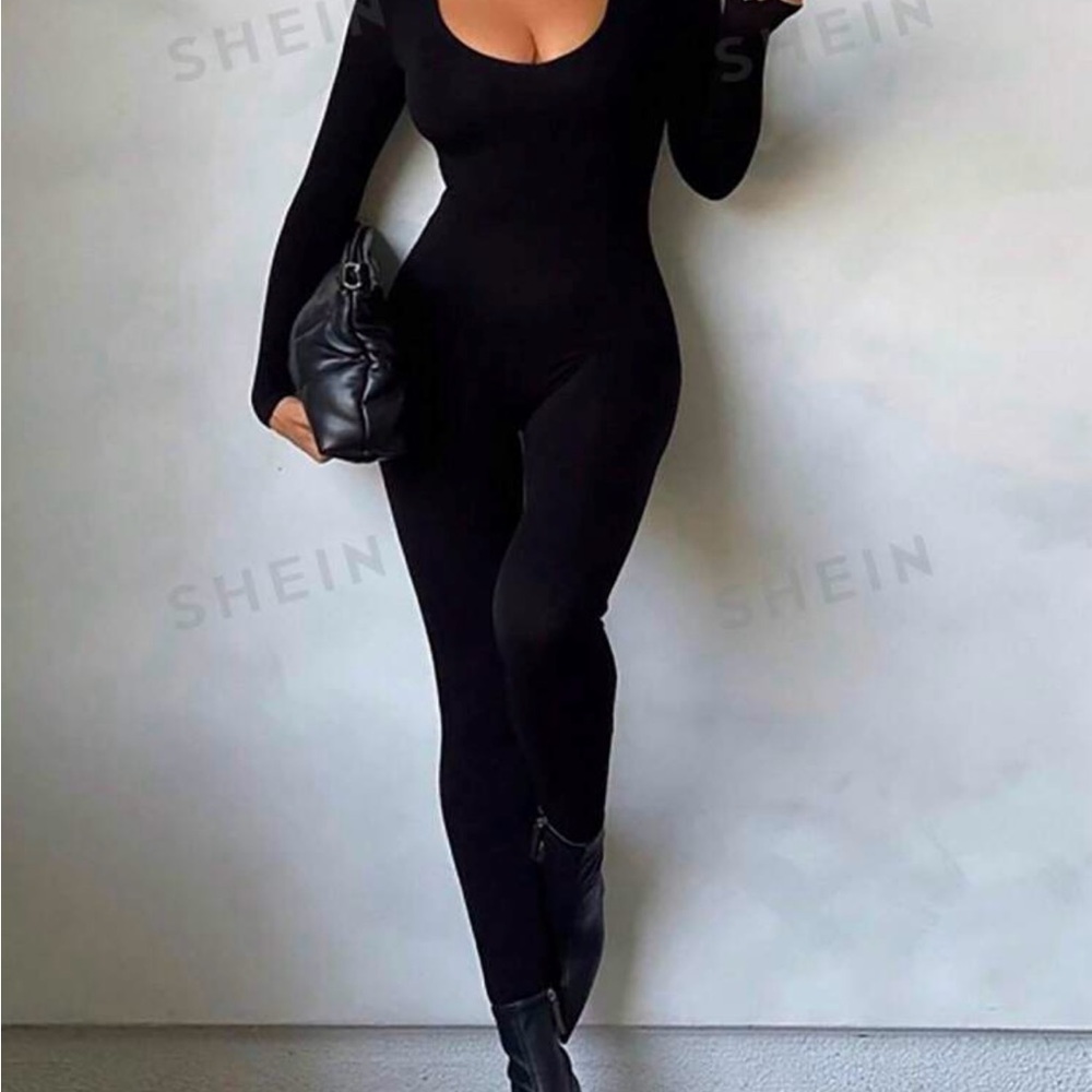 Solid Scoop Neck Unitard Jumpsuit - image 1